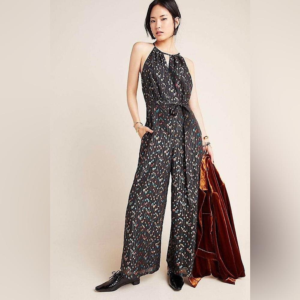 🔘Eva Franco Edita Halter Metallic Clip Dot Jumpsuit in Black & Various, 10✨
